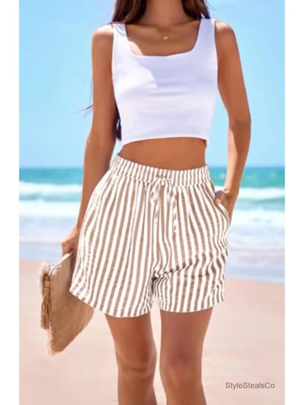 High Waisted Elastic Waist Pajama Shorts with Pockets